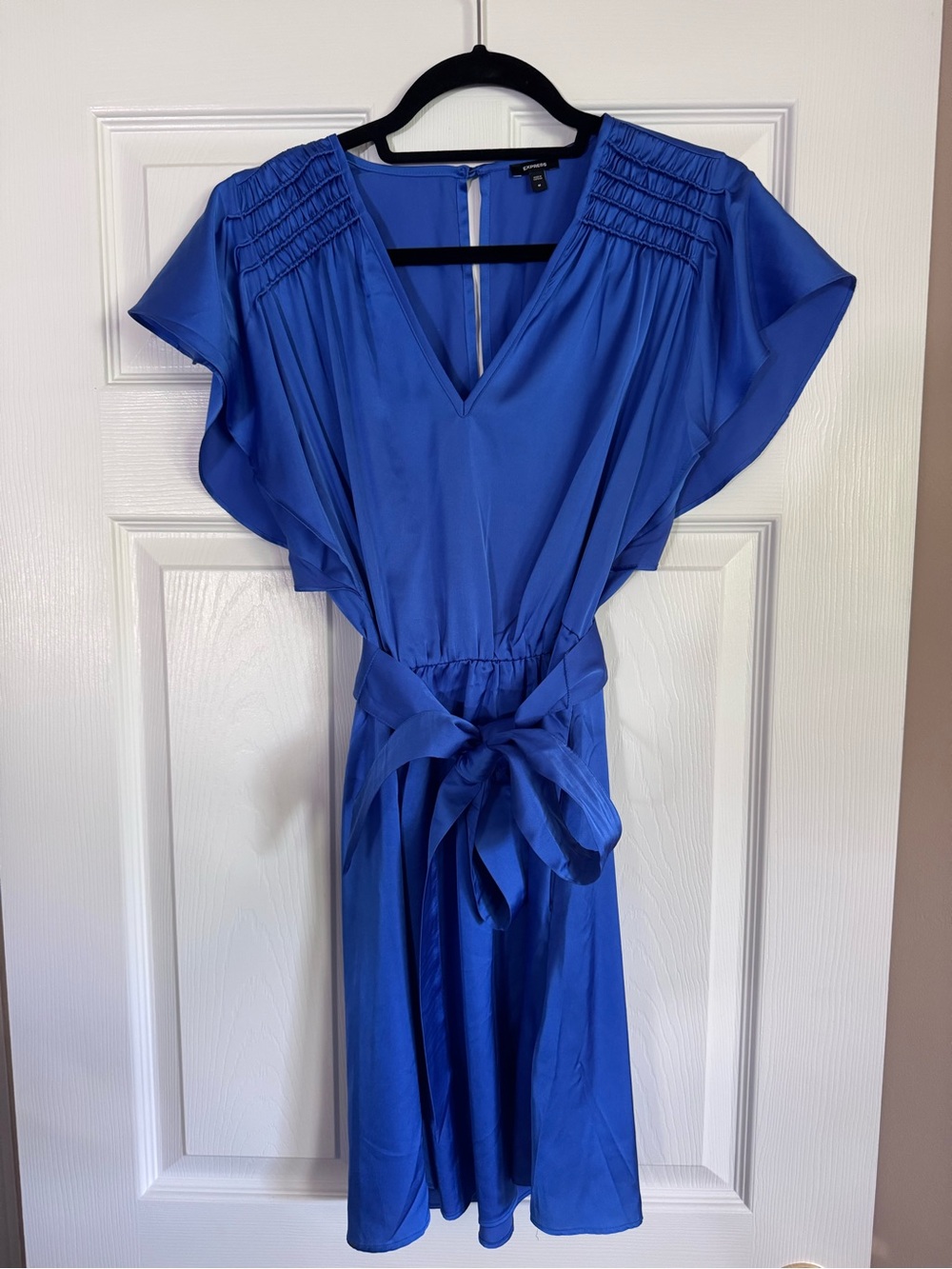 Express Royal Blue V-Neck Tie-Waist Flutter Sleeve Dress